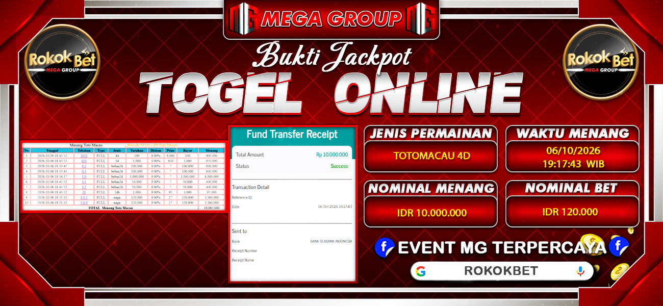 Bukti JP situs Rokokbet hari Selasa, 06 Oktober 2026